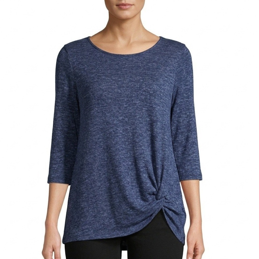 Chelsea & Theodore Sweater Womens XL Dark Blue Heather Side Knot 3/4 Sleeve Knit